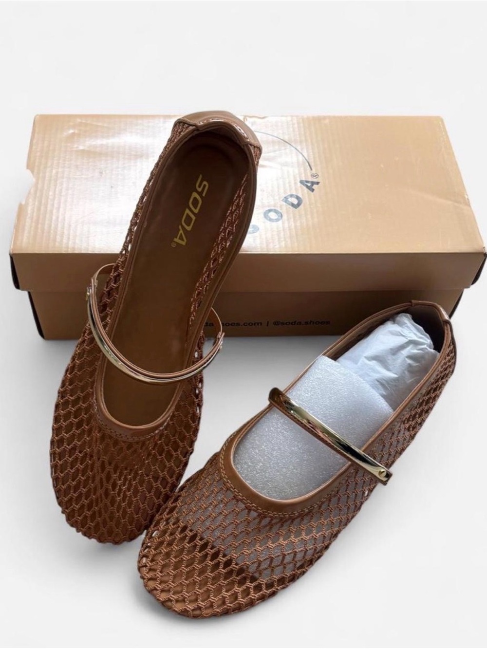 Soda Bronze Mesh Mary Jane Flats with Gold Strap
